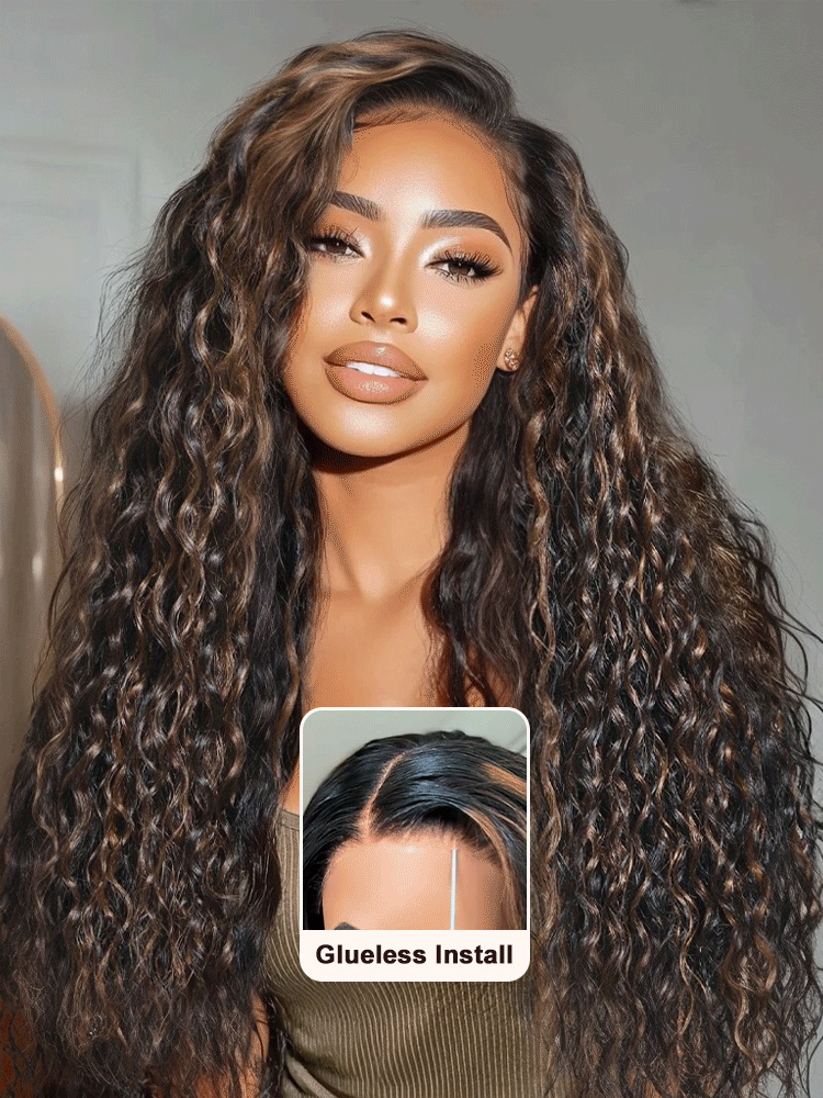 Water Wave Black Wig With Golden Brown Highlights & Natural Black  Pre Plucke 13x6/13x4/5x5 HD Transparent Lace Frontal Real Human Hair Wig