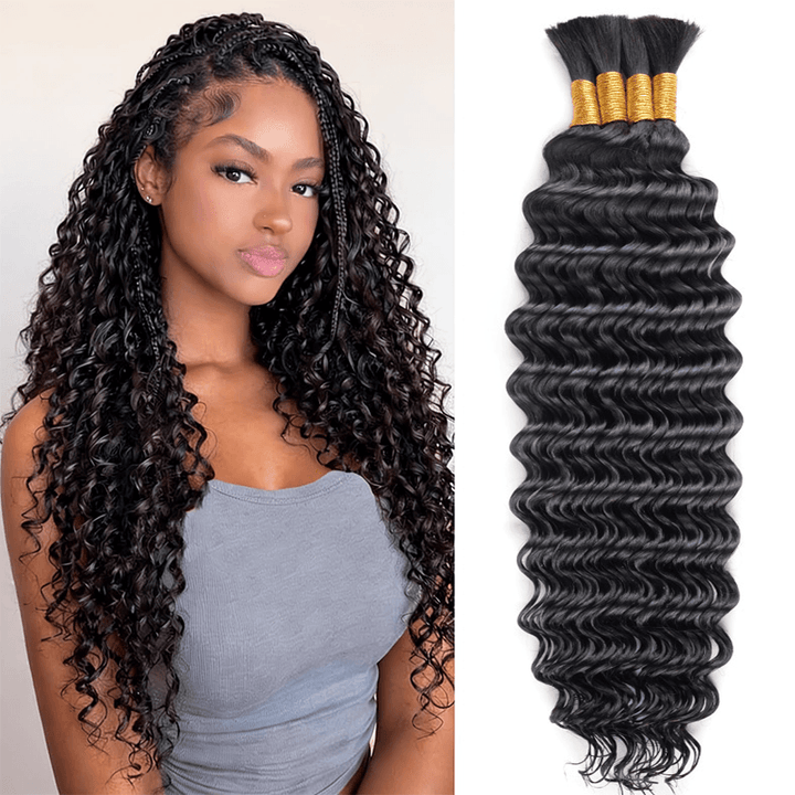 Flash Sale No Code: 3Packs Natural Black Bulk Human Hair For Braiding Deep Curly Wave Hair Bundles for Boho Braids