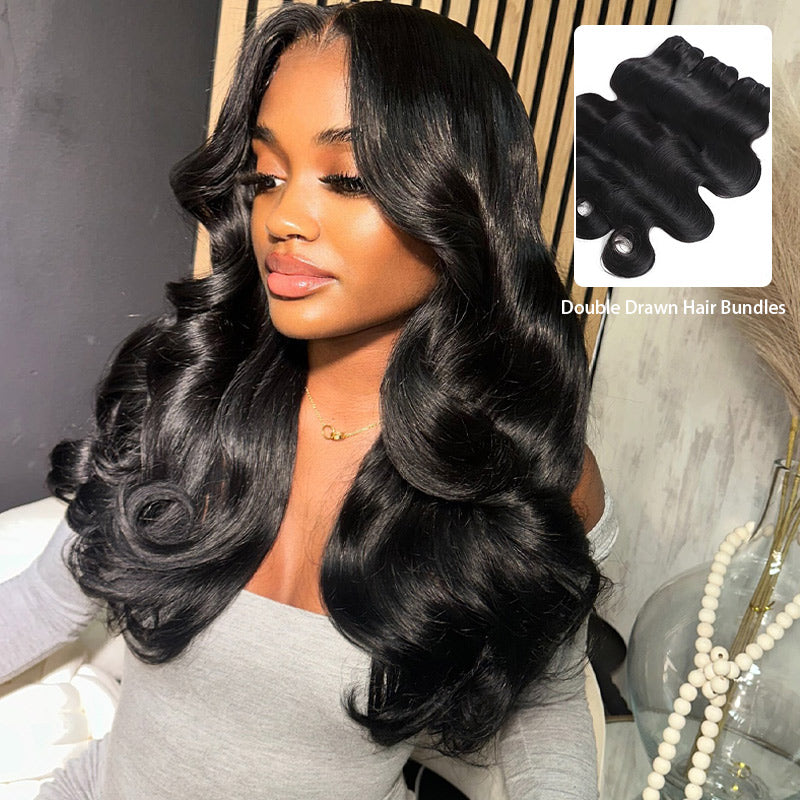 Body Wave Human Hair Bundles Double Drawn Hair Unprocessed Brazilian Virgin Hair Quick Weave Bundles Human Hair Extensions Real Human Hair, Natural Black-rhisohair