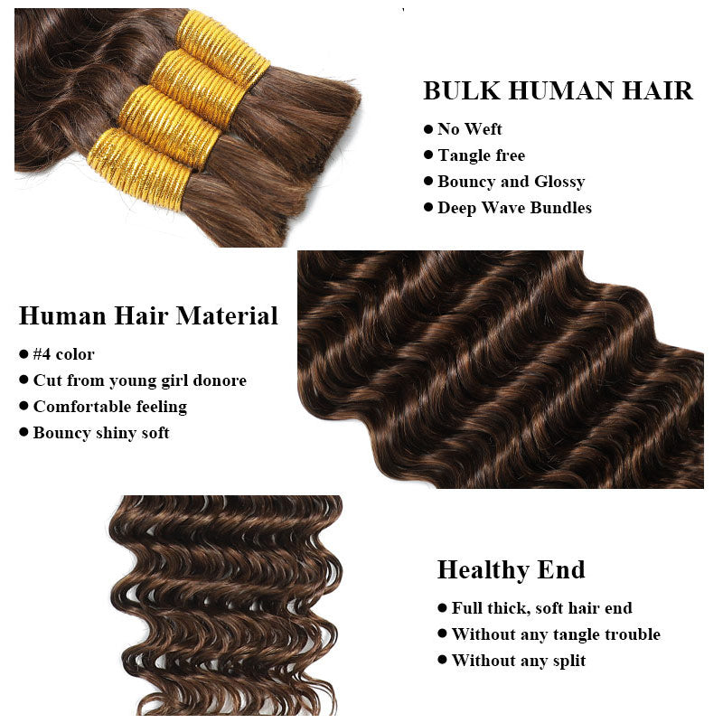 Human Braiding Hair for Boho Braids Human #4 Deep Wave Boho Bulk Human Hair for Braiding-RhisoHair