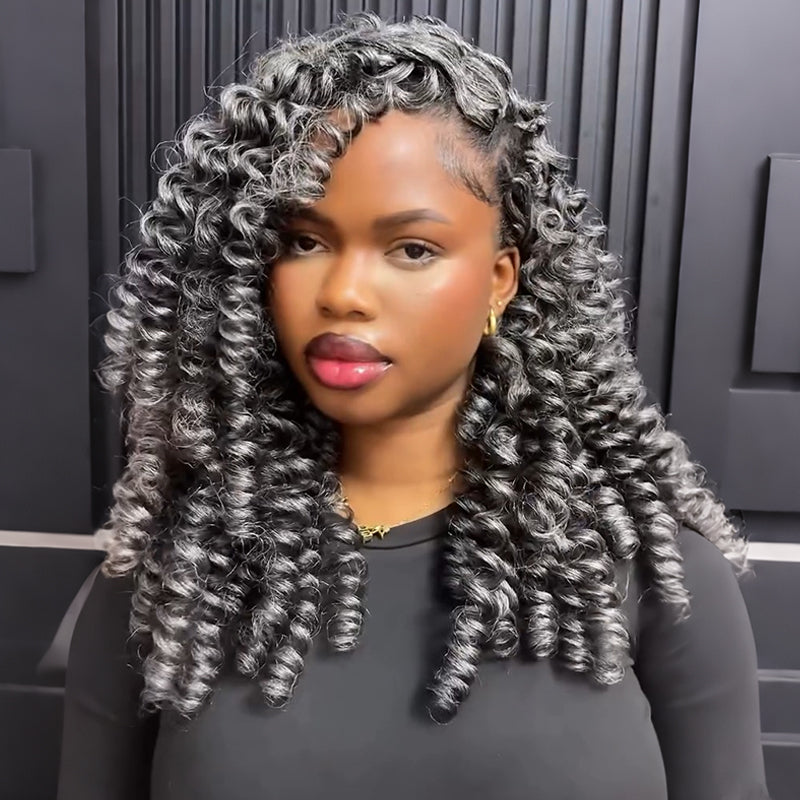 RHISO New In Salt & Pepper Boho Spiral Curl Crochet Hair Miracle Konts Feather Human Hair Extension for Black Woman