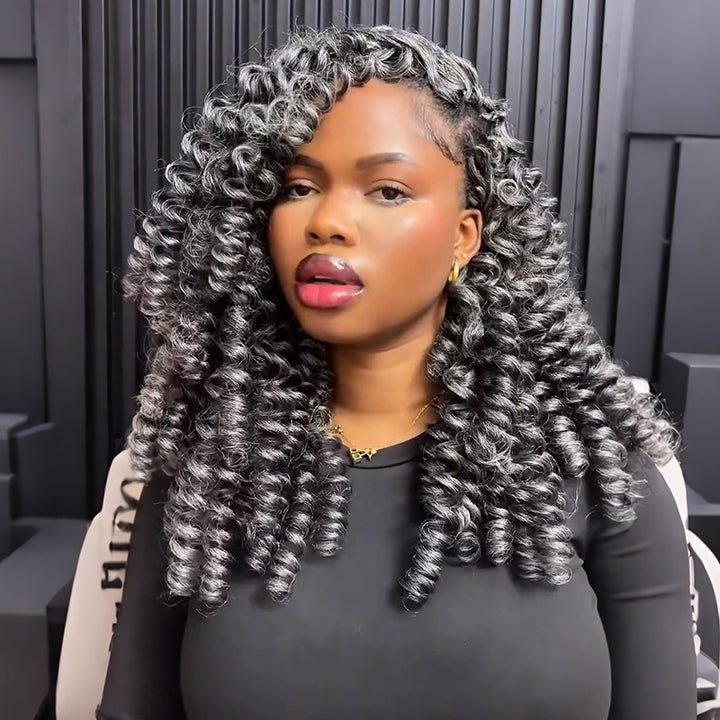 RHISO New In Salt & Pepper Boho Spiral Curl Crochet Hair Miracle Konts Feather Human Hair Extension for Black Woman