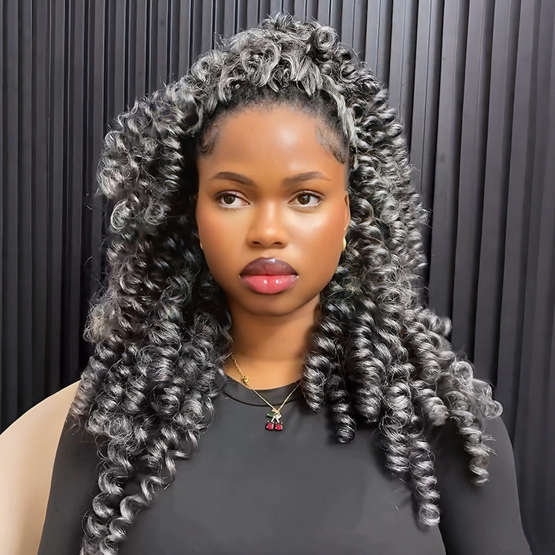 RHISO New In Salt & Pepper Boho Spiral Curl Crochet Hair Miracle Konts Feather Human Hair Extension for Black Woman