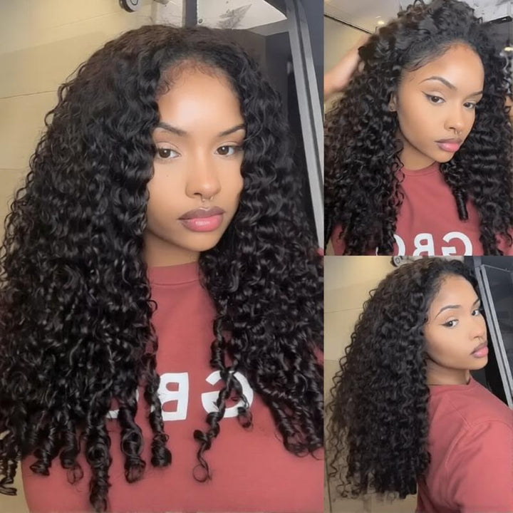 Burmese Curly 3-in-1 Flip Over Glueless Half Wig with Drawstring & 2 Packs Crochet Feather Human Hair Extensions-RhisoHair 