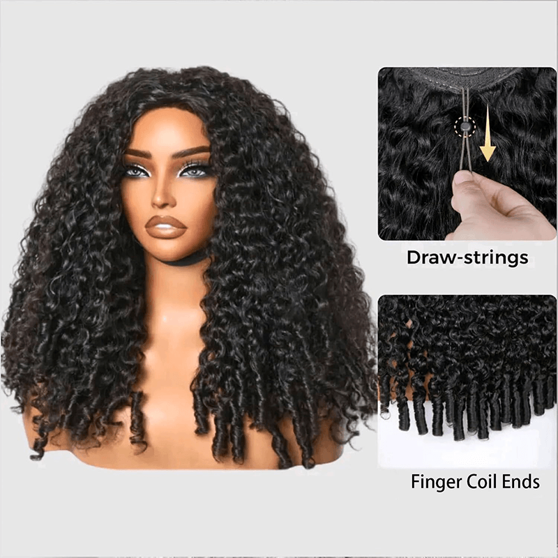 Burmese Curly 3-in-1 Flip Over Glueless Half Wig with Drawstring & 2 Packs Crochet Feather Human Hair Extensions-RhisoHair 