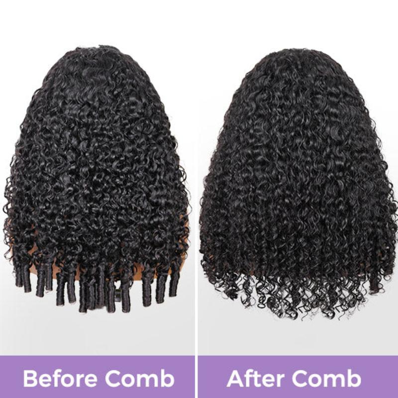 Burmese Curly 3-in-1 Flip Over Glueless Half Wig with Drawstring & 2 Packs Crochet Feather Human Hair Extensions-RhisoHair 