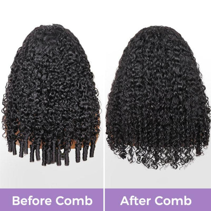 Burmese Curly 3-in-1 Flip Over Glueless Half Wig with Drawstring & 2 Packs Crochet Feather Human Hair Extensions-RhisoHair 