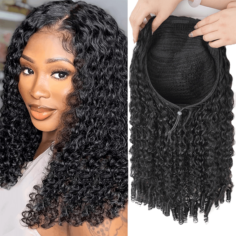 Burmese Curly 3-in-1 Flip Over Glueless Half Wig with Drawstring & 2 Packs Crochet Feather Human Hair Extensions-RhisoHair 