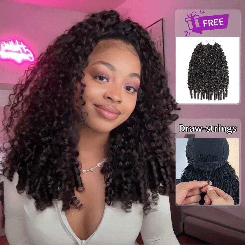 Burmese Curly 3-in-1 Flip Over Glueless Half Wig with Drawstring & 2 Packs Crochet Feather Human Hair Extensions-RhisoHair