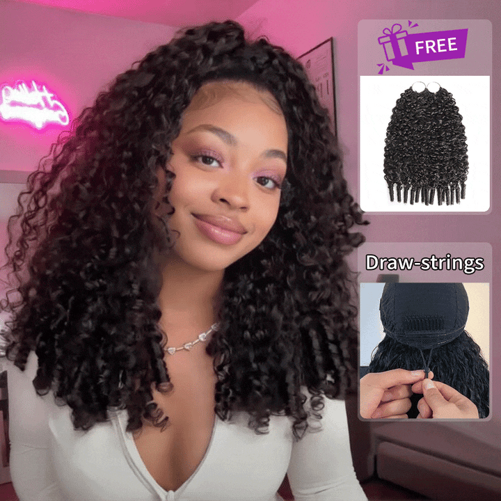 Burmese Curly 3-in-1 Flip Over Glueless Half Wig with Drawstring & 2 Packs Crochet Feather Human Hair Extensions-RhisoHair