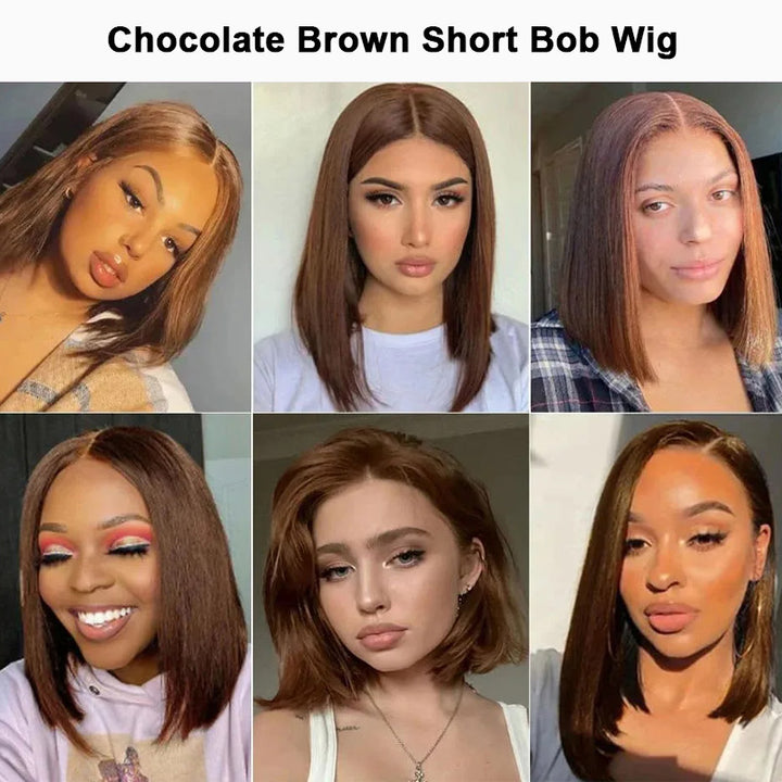 Chocolate Brown Short Bob Wig Straight Hair 13x6 HD Transparent Lace Frontal Wig Pre Plucked Hairline 100% Human Hair