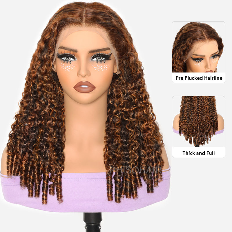 [Upgrade Strap] 300% Density Pull To Go 5x5/13x4 Glueless Wigs Dark Brown With Highlights #P4/30 Double Drawn Luxury Burmese Curly With Finger Coil Ends Pre Plucked Hairline