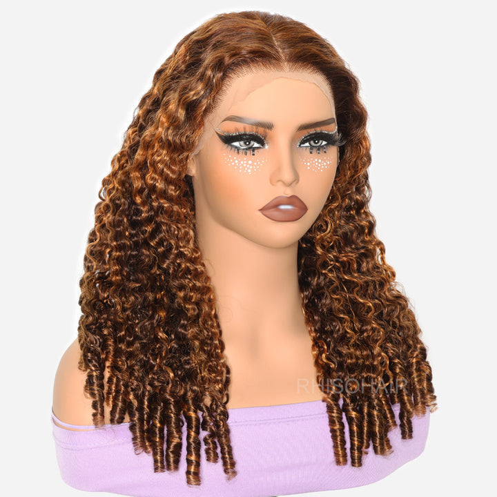 [Upgrade Strap] 300% Density Pull To Go 5x5/13x4 Glueless Wigs Dark Brown With Highlights #P4/30 Double Drawn Luxury Burmese Curly With Finger Coil Ends Pre Plucked Hairline