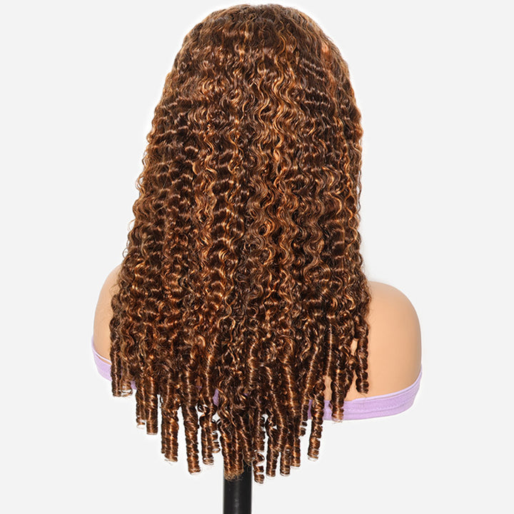 [Upgrade Strap] 300% Density Pull To Go 5x5/13x4 Glueless Wigs Dark Brown With Highlights #P4/30 Double Drawn Luxury Burmese Curly With Finger Coil Ends Pre Plucked Hairline