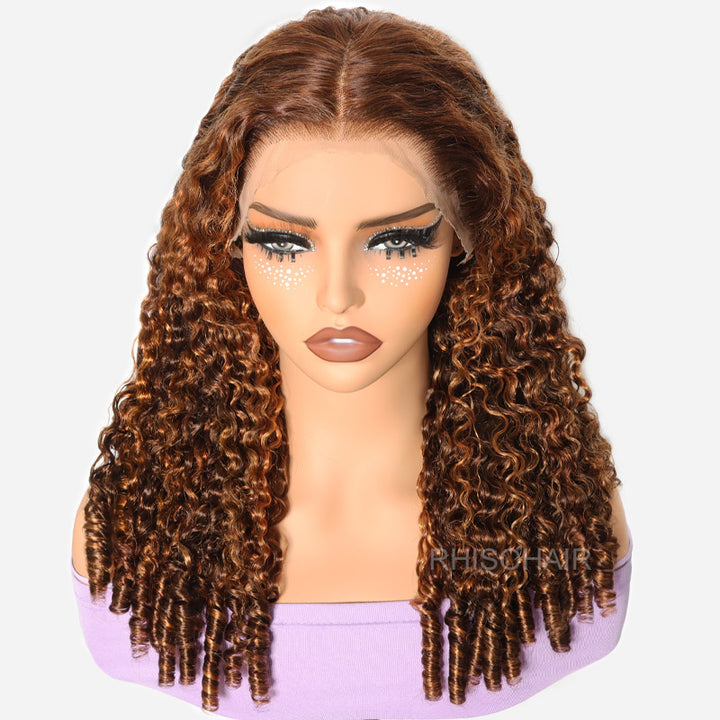 [Upgrade Strap] 300% Density Pull To Go 5x5/13x4 Glueless Wigs Dark Brown With Highlights #P4/30 Double Drawn Luxury Burmese Curly With Finger Coil Ends Pre Plucked Hairline
