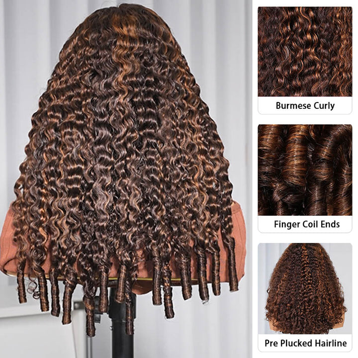 [Upgrade Strap] Pull To Go 5x5/13x4 Glueless Wigs Dark Brown With Highlights #P4/30 Luxury Burmese Curly With Finger Coil Ends Pre Plucked Hairline