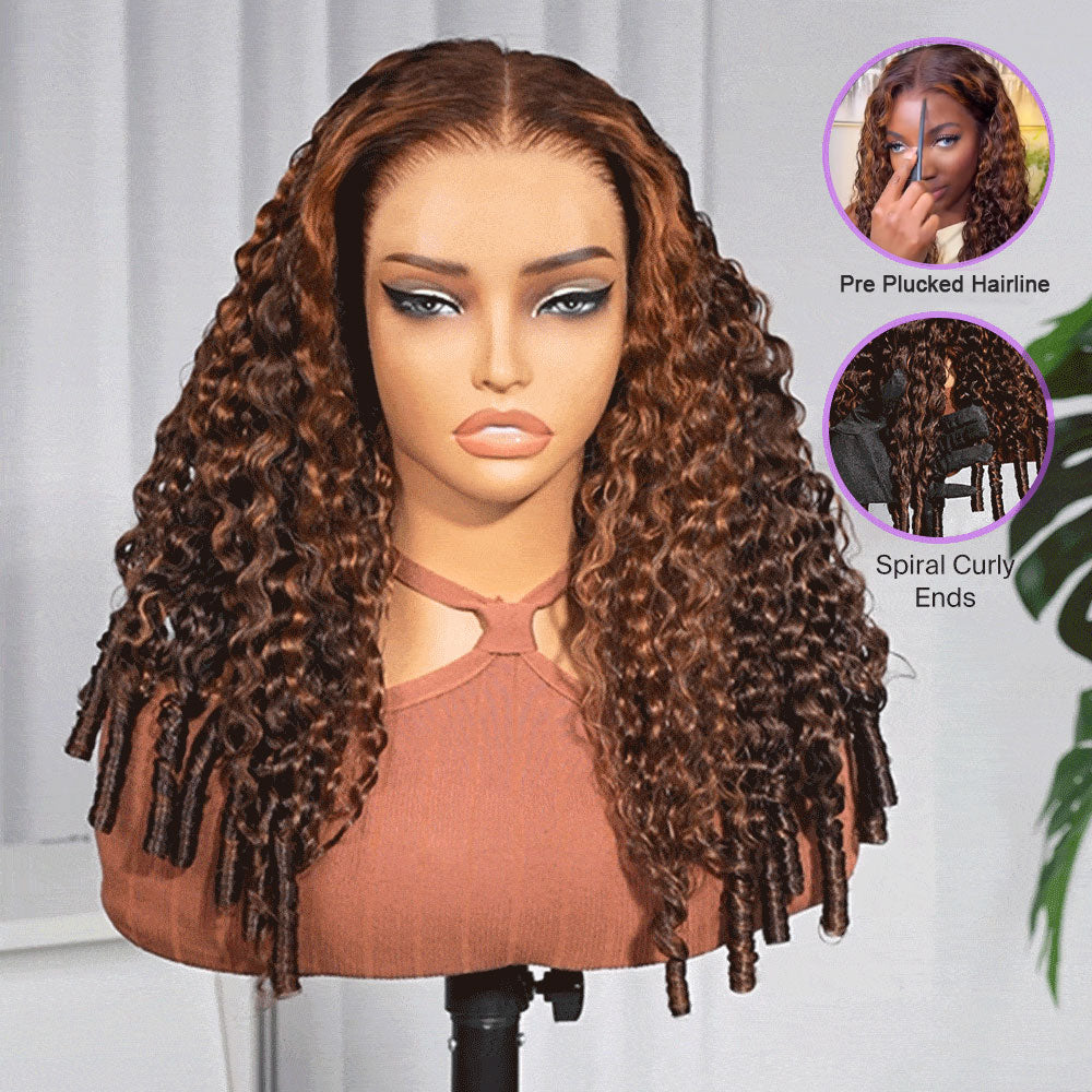 [Upgrade Strap] Pull To Go 5x5/13x4 Glueless Wigs Dark Brown With Highlights #P4/30 Luxury Burmese Curly With Finger Coil Ends Pre Plucked Hairline