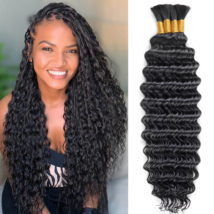 24H Fast Shipping| 20Inch Natural Black Deep Wave Bulk Human Hair Extensions for Knotless Boho Braids (4 Bundles/Pack 100g)