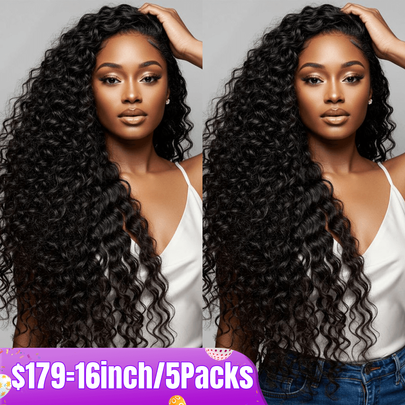 Flash Sale No Code: 5Packs Deep Wave Crochet Hair Natural Black Machine Made Feather Human Hair Extension-Rhiso Hair