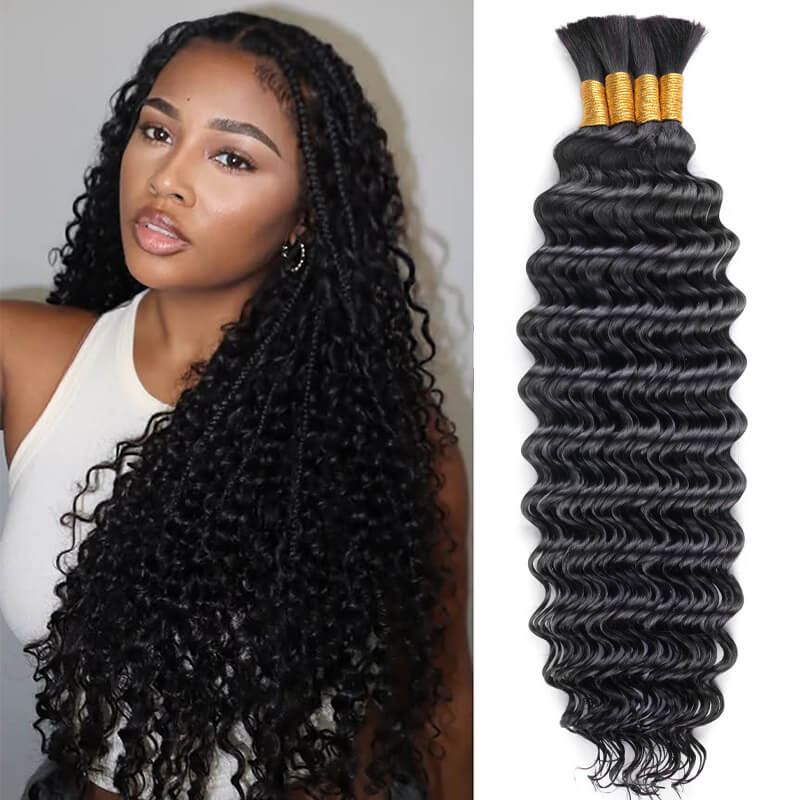 24H Fast Shipping| 20Inch Natural Black Deep Wave Bulk Human Hair Extensions for Knotless Boho Braids (4 Bundles/Pack 100g)