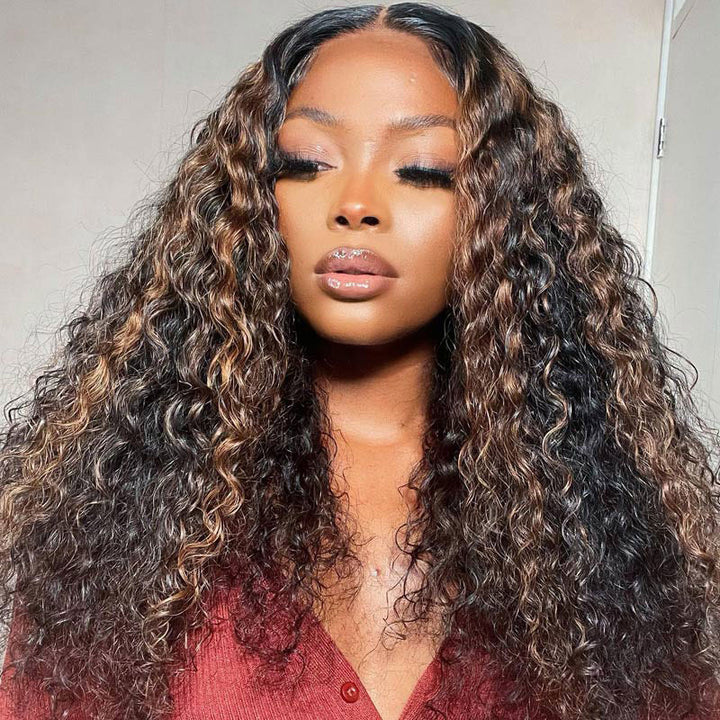 Water Wave Black Wig With Golden Brown Highlights & Natural Black  Pre Plucke 13x6/13x4/5x5 HD Transparent Lace Frontal Real Human Hair Wig