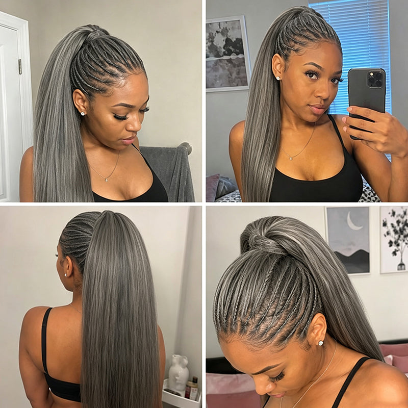 RHISO New In Light Salt & Pepper Gray Straight Bulk Human Hair for Boho Braids