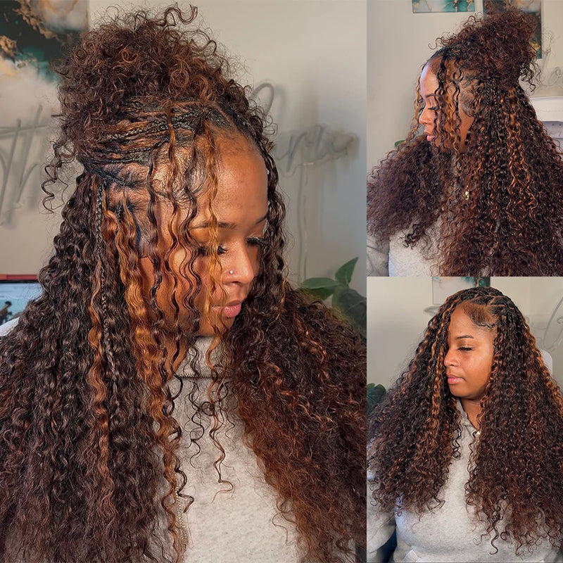 RhisoHair Highlight #30 Copper Brown Jerry Curly Crochet Hair Machine Made Feather Human Hair Extension