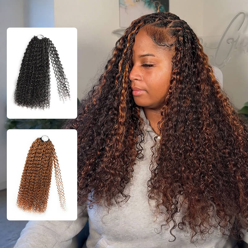RhisoHair Highlight #30 Copper Brown Jerry Curly Crochet Hair Machine Made Feather Human Hair Extension