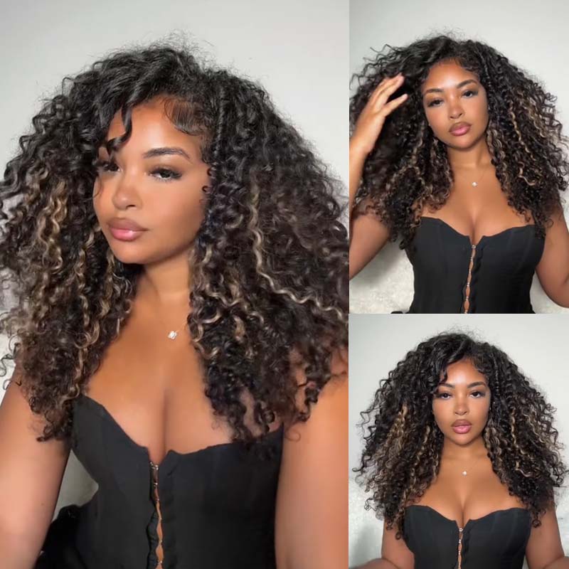 RhisoHair 3Packs #27 Honey Blonde With 2Packs Natural Black Jerry Curly Highlight Miracle Knots Boho Braids Crochet Hair Machine Made Feather Human Hair Extension 