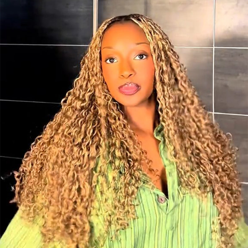 RhisoHair #27 Honey Blonde Water Wave Crochet Hair Machine Made Feather Human Hair Extension