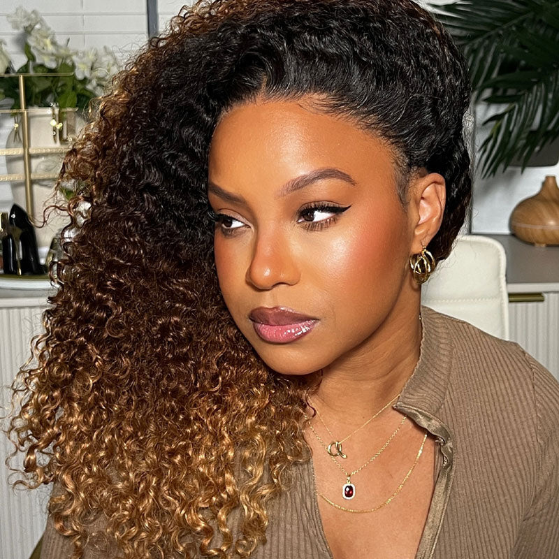 Jeery Curly Ombre Brown Half Wig Glueless Upgrade 3 IN 1 Half Wig With Drawstring Seamless Clip Ins Flip Over