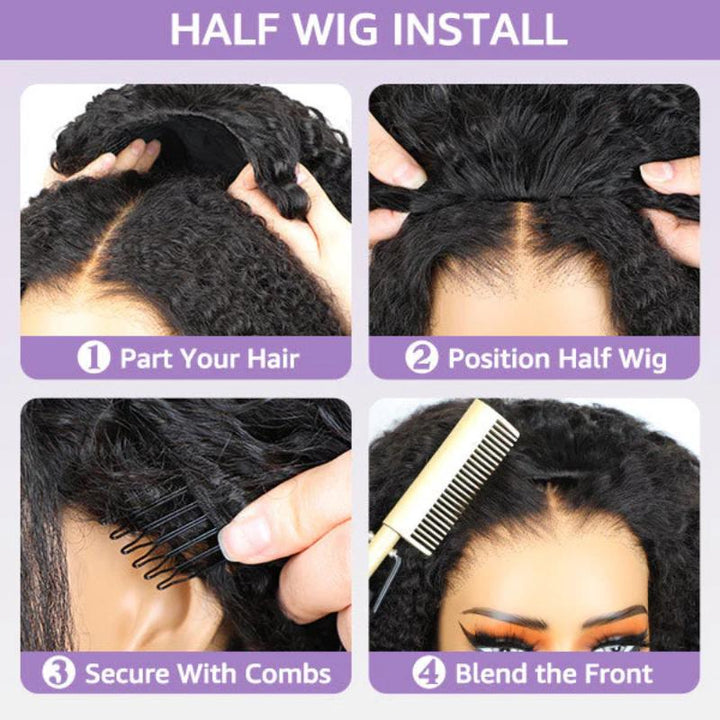 Burmese Curly 3-in-1 Flip Over Glueless Half Wig with Drawstring & 2 Packs Crochet Feather Human Hair Extensions-RhisoHair 