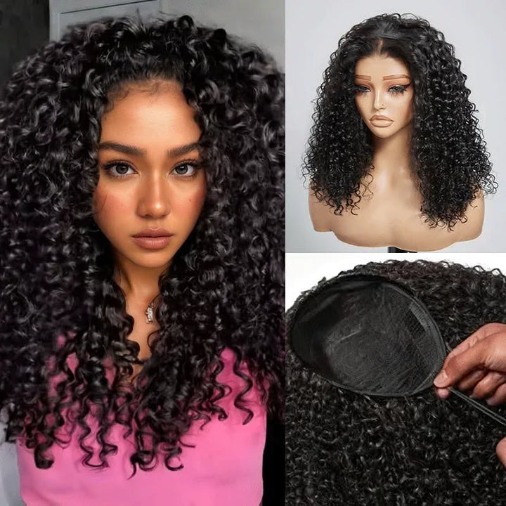 Jerry Curly 3-in-1 Flip Over Glueless Half Wig with Drawstring & 2 Packs Crochet Feather Human Hair Extensions-RhisoHair