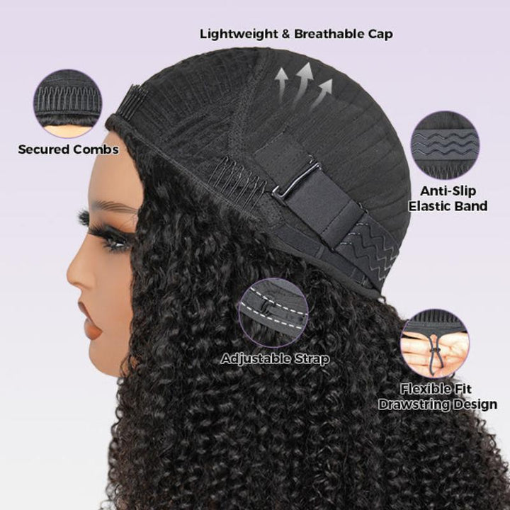 Burmese Curly 3-in-1 Flip Over Glueless Half Wig with Drawstring & 2 Packs Crochet Feather Human Hair Extensions-RhisoHair 