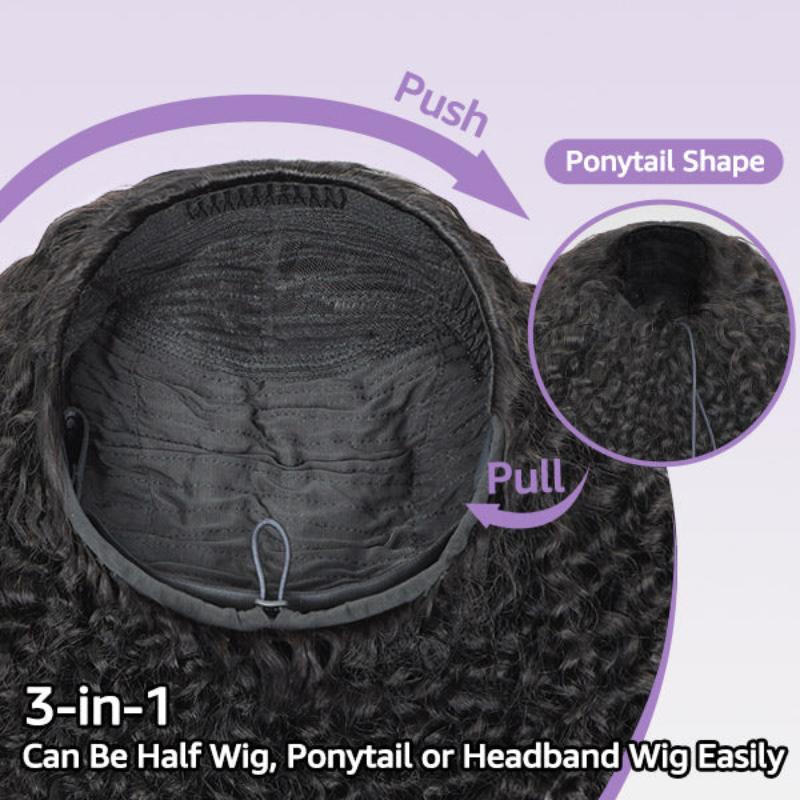 Burmese Curly 3-in-1 Flip Over Glueless Half Wig with Drawstring & 2 Packs Crochet Feather Human Hair Extensions-RhisoHair 
