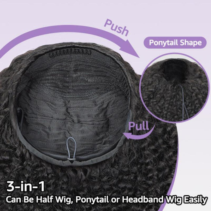 Burmese Curly 3-in-1 Flip Over Glueless Half Wig with Drawstring & 2 Packs Crochet Feather Human Hair Extensions-RhisoHair 