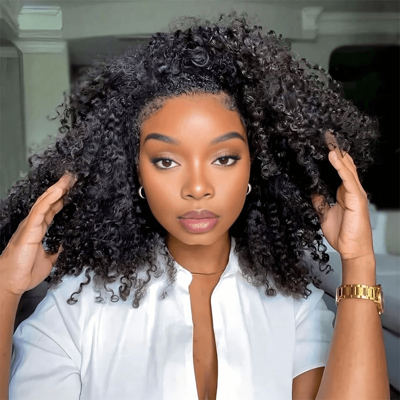 Jerry Curly 3-in-1 Flip Over Glueless Half Wig with Drawstring & 2 Packs Crochet Feather Human Hair Extensions-RhisoHair