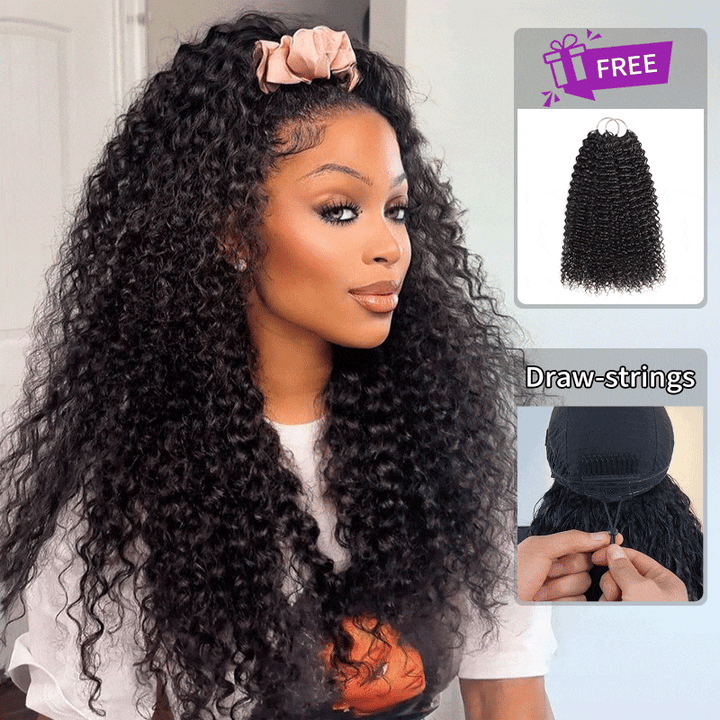 Jerry Curly 3-in-1 Flip Over Glueless Half Wig with Drawstring & 2 Packs Crochet Feather Human Hair Extensions-RhisoHair