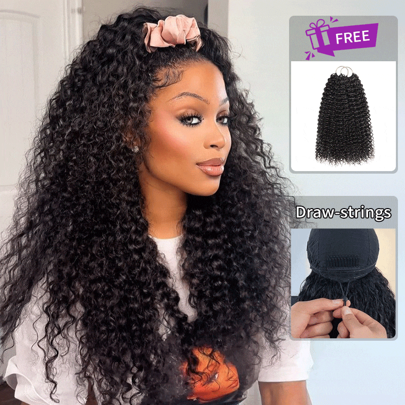 Jerry Curly 3-in-1 Flip Over Glueless Half Wig with Drawstring & 2 Packs Crochet Feather Human Hair Extensions-RhisoHair