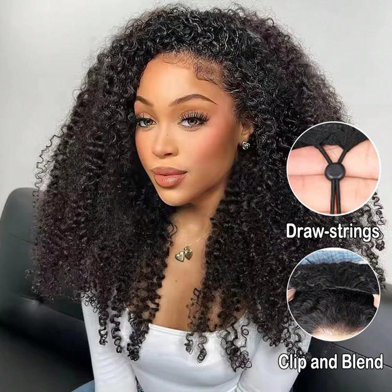 Jerry Curly 3-in-1 Flip Over Glueless Half Wig with Drawstring & 2 Packs Crochet Feather Human Hair Extensions-RhisoHair