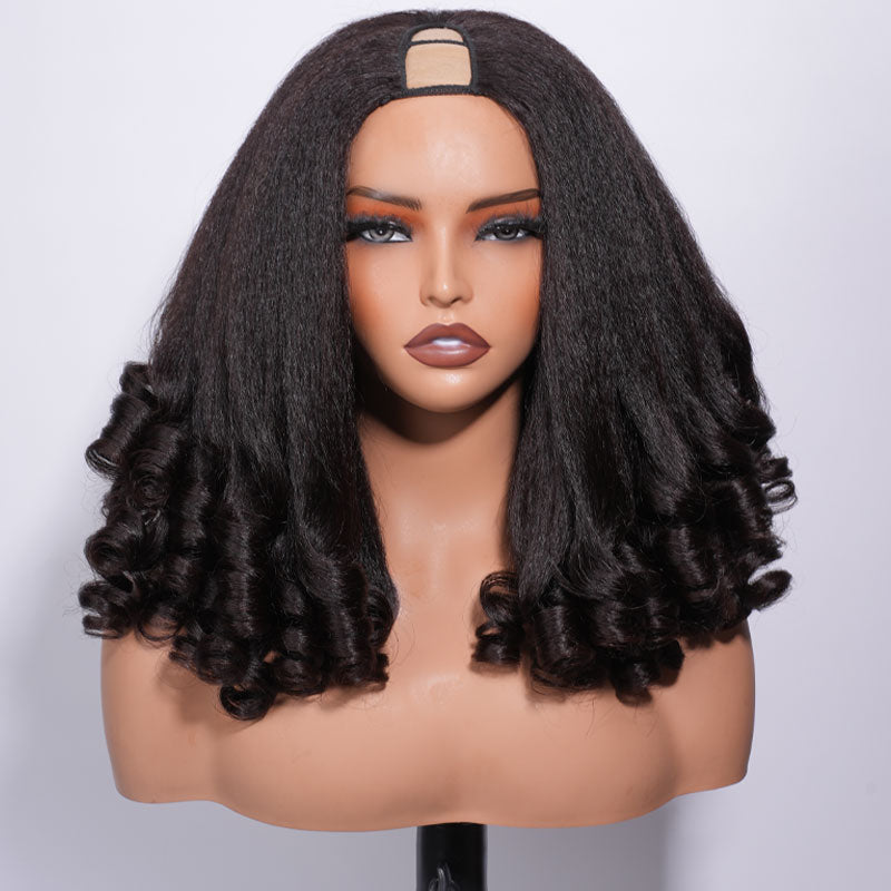 RhisoHair Kinky Straight With Burmese Curly Ends V-Part  Put on and Go Glueless Wig Real Scalp Blend Natural Hair Human Hair Wig With Invisi Adjustable Drawstring Beginner Friendly 300% Density