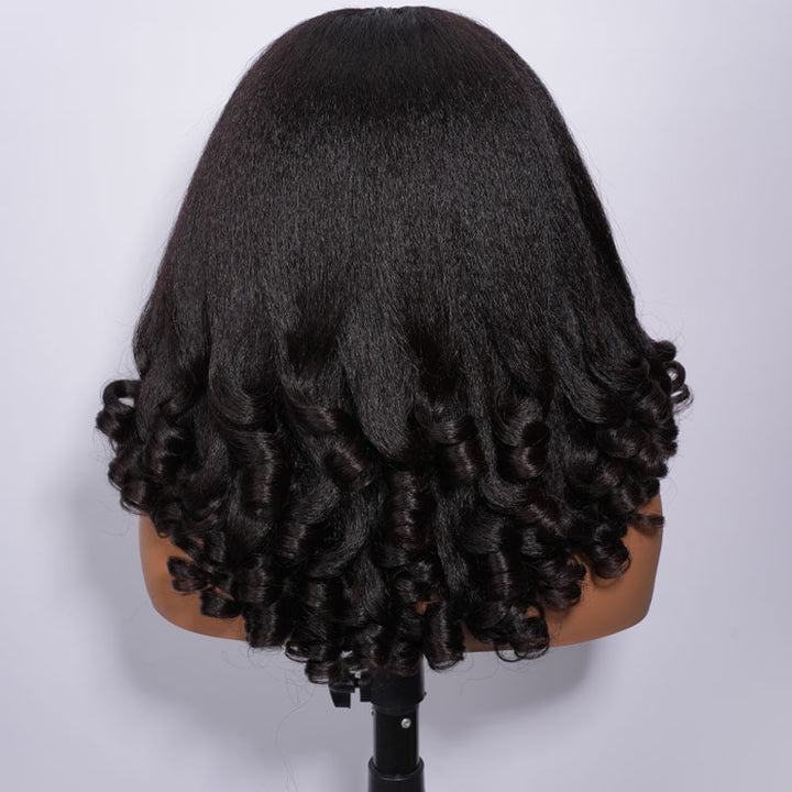 RhisoHair Kinky Straight With Burmese Curly Ends V-Part  Put on and Go Glueless Wig Real Scalp Blend Natural Hair Human Hair Wig With Invisi Adjustable Drawstring Beginner Friendly 300% Density