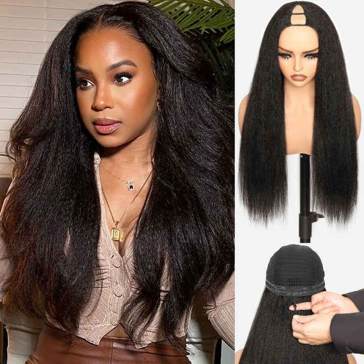 Kinky Straight Human Hair Wig V Part Glueless With Invisi Adjustable Drawstring Beginner Friendly 300% Density