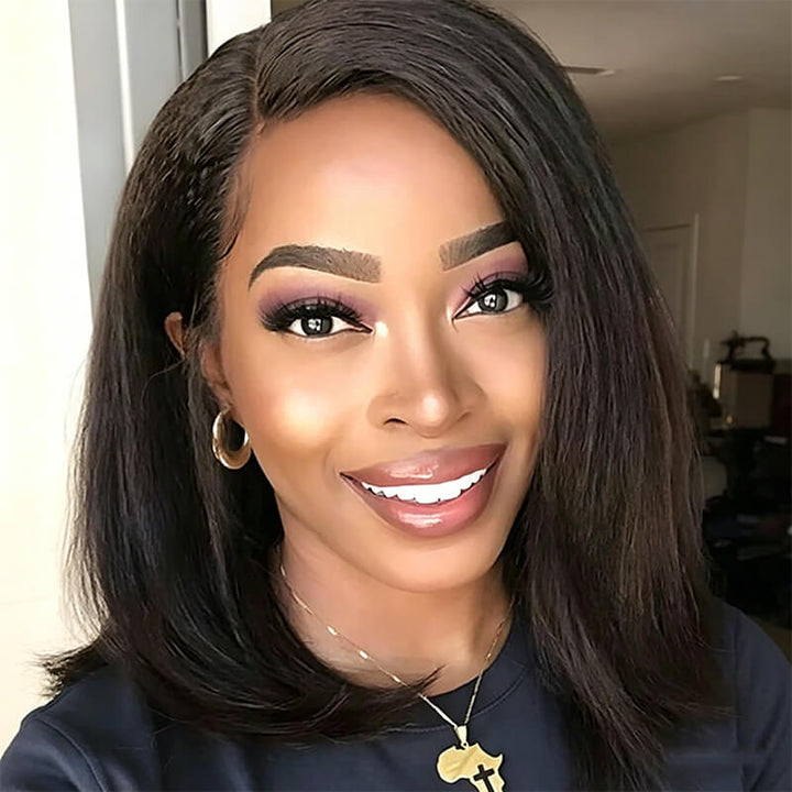 RhisoHair 300% Density Kinky Straight Short Bob Wig 13x6 HD Transparent Lace Frontal / 5x5 Glueless Brazilian Virgin Human Hair Wig