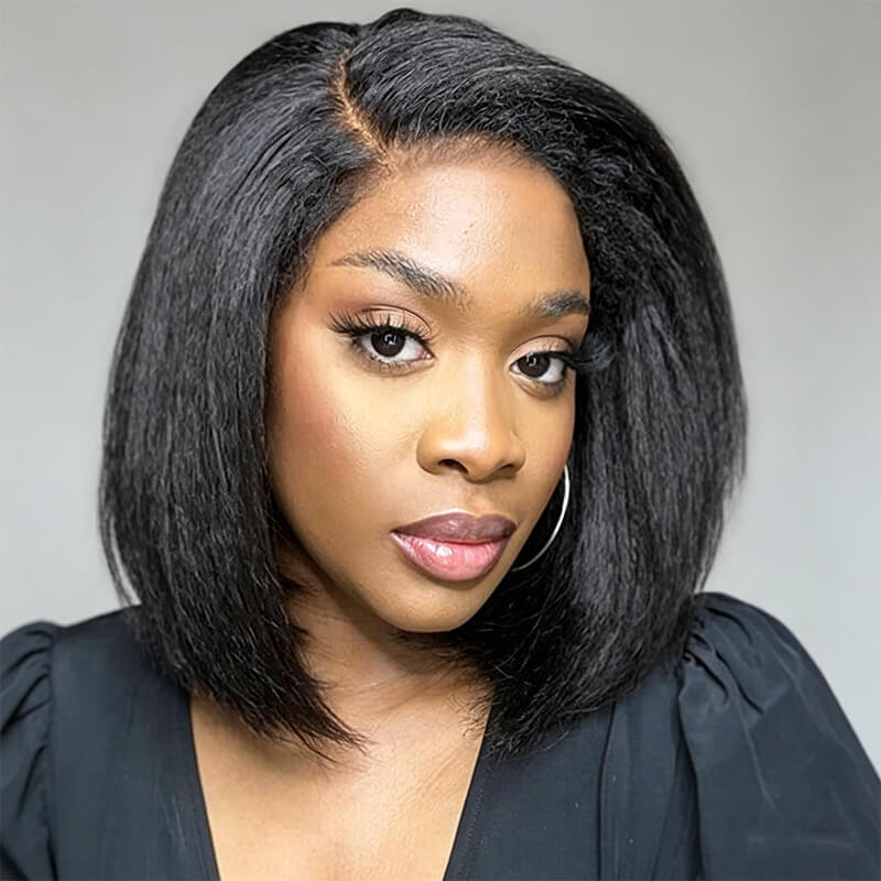 RhisoHair 300% Density Kinky Straight Short Bob Wig 13x6 HD Transparent Lace Frontal / 5x5 Glueless Brazilian Virgin Human Hair Wig