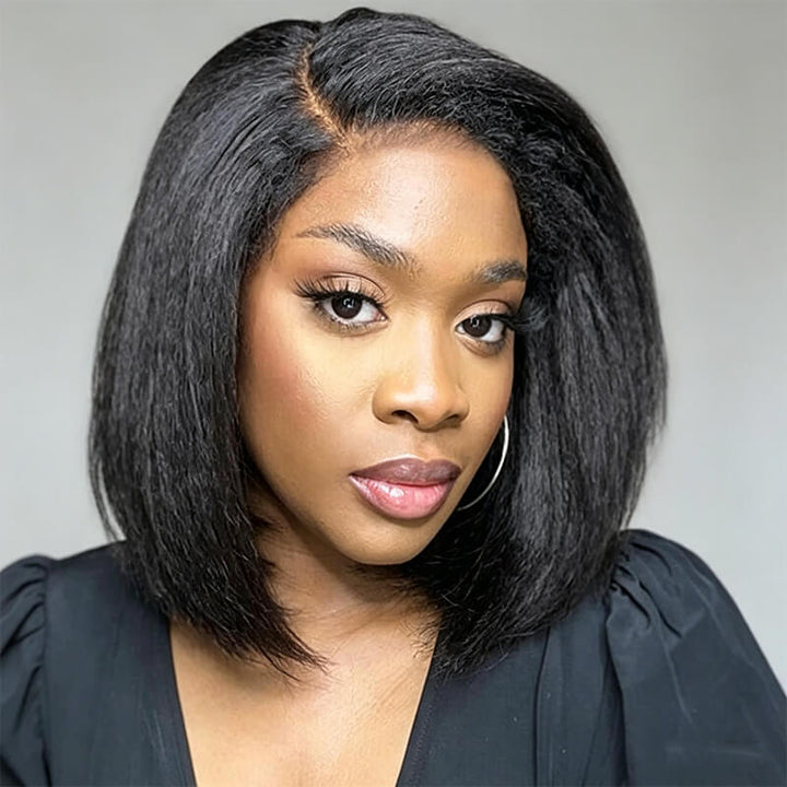 RhisoHair 300% Density Kinky Straight Short Bob Wig 13x6 HD Transparent Lace Frontal / 5x5 Glueless Brazilian Virgin Human Hair Wig