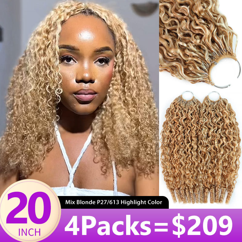 P27/613 Mix Blonde Highlight Burmese Curly Crochet 100% Human Hair Miracle Konts Feather 100% Human Hair Extension