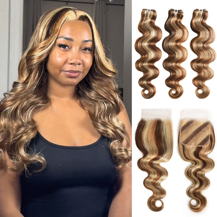 RhisoHair Mix Brown P4/27/613 Highlight Body Wave 3 Bundles with 5x5 Lace Closure Virgin Human Hair Bundles Double Weft Honey Blonde Weave for Women
