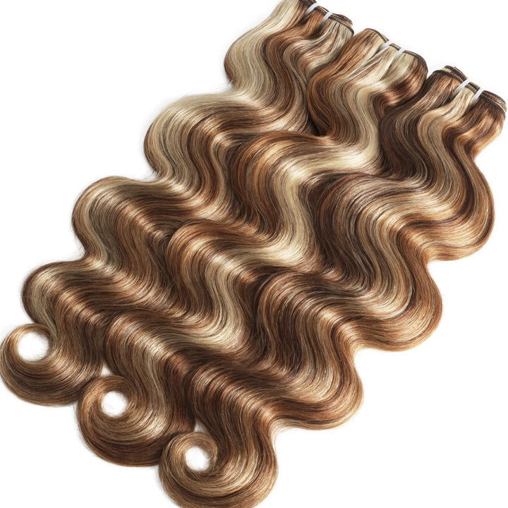 Mix Brown P4/27/613 Human Hair Bundles Highlight Body Wave Bundles Human Hair Honey Blonde Double Weft Weave for Women-Rhisohair