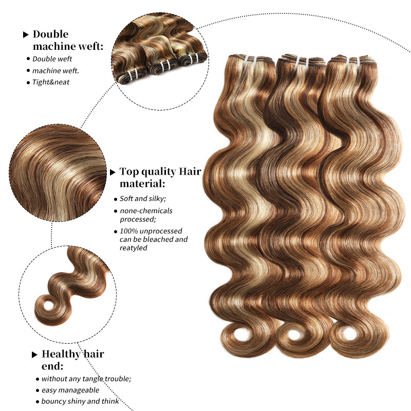 RhisoHair Mix Brown P4/27/613 Highlight Body Wave 3 Bundles with 5x5 Lace Closure Virgin Human Hair Bundles Double Weft Honey Blonde Weave for Women
